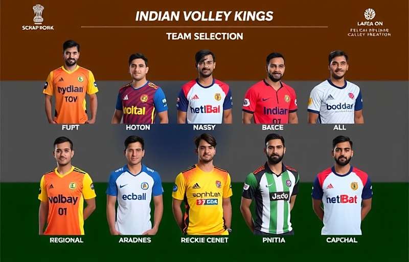 Indian Volley Kings - Team Selection with Indian Volley Kings watermark Indian Volley Kings team selection screen featuring various regional teams in traditional Indian jerseys