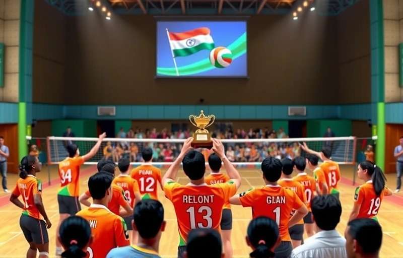 Indian Volley Kings - National Tournament Finals with Indian Volley Kings watermark Indian Volley Kings national tournament finals with a virtual crowd and trophy presentation